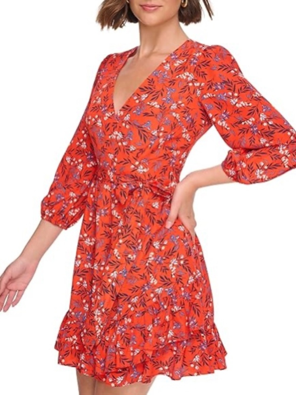 Eliza J Red Blue & White Belted Floral Faux Wrap Mini Dress Sz 8